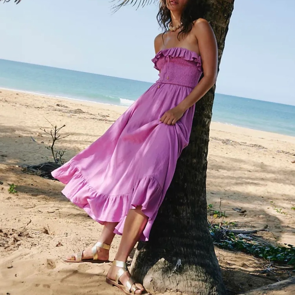 NWOT FREE PEOPLE Dress Womens Lush Life Linen Strapless Midi Opera Mauve Size S - Picture 4 of 16